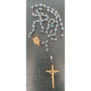 Vintage Catholic ROSARY 19” Light Blue Glass Beads Virgin Mary Made in Italy